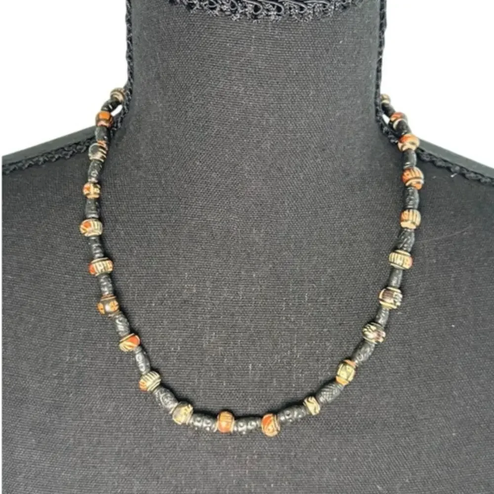 Vintage African Trade Bead Necklace Black Etched Tribal Glass Pattern Boho